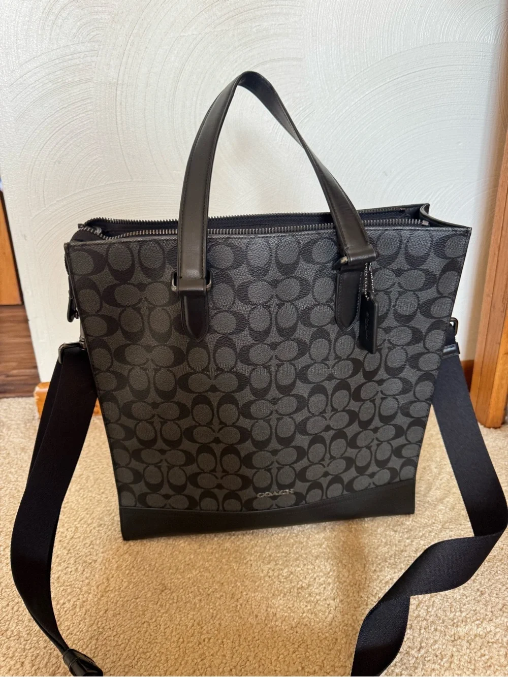 Black Leather Zip-Top Briefcase Shoulder Bag